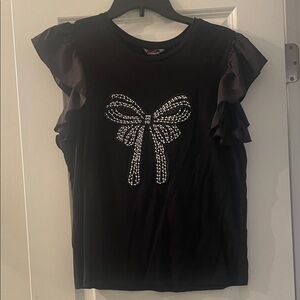 Black Ruffle Sleeve Top with Rhinestone Bow